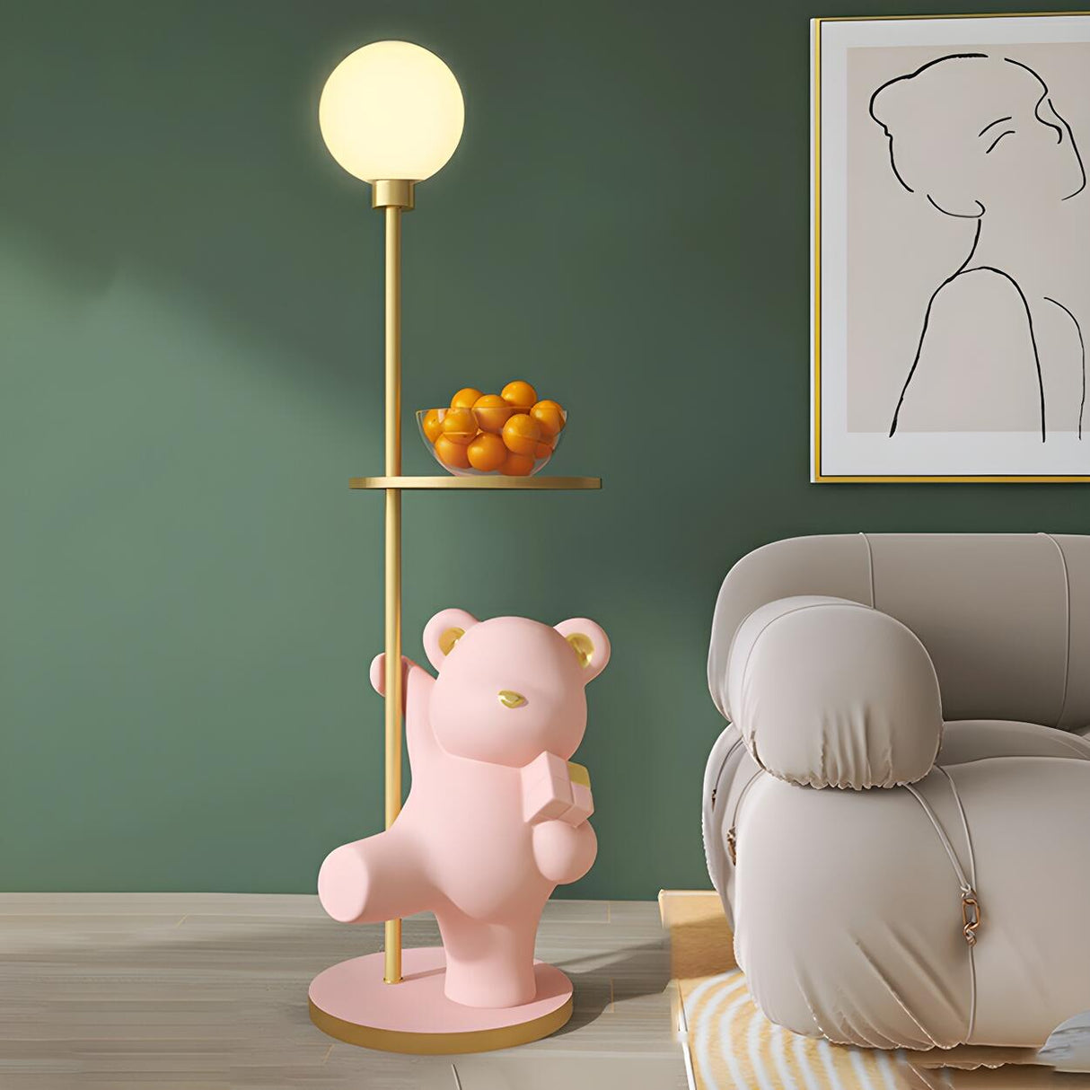 Kid's Room Adorable Pink Bear Side Table Floor Lamp Image - 3