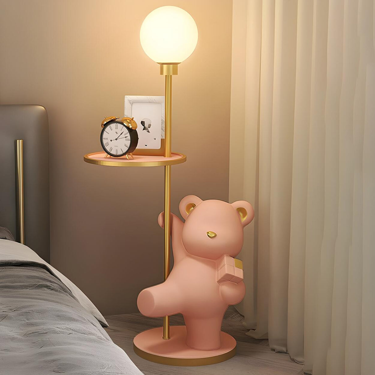 Kid's Room Adorable Pink Bear Side Table Floor Lamp Image - 6