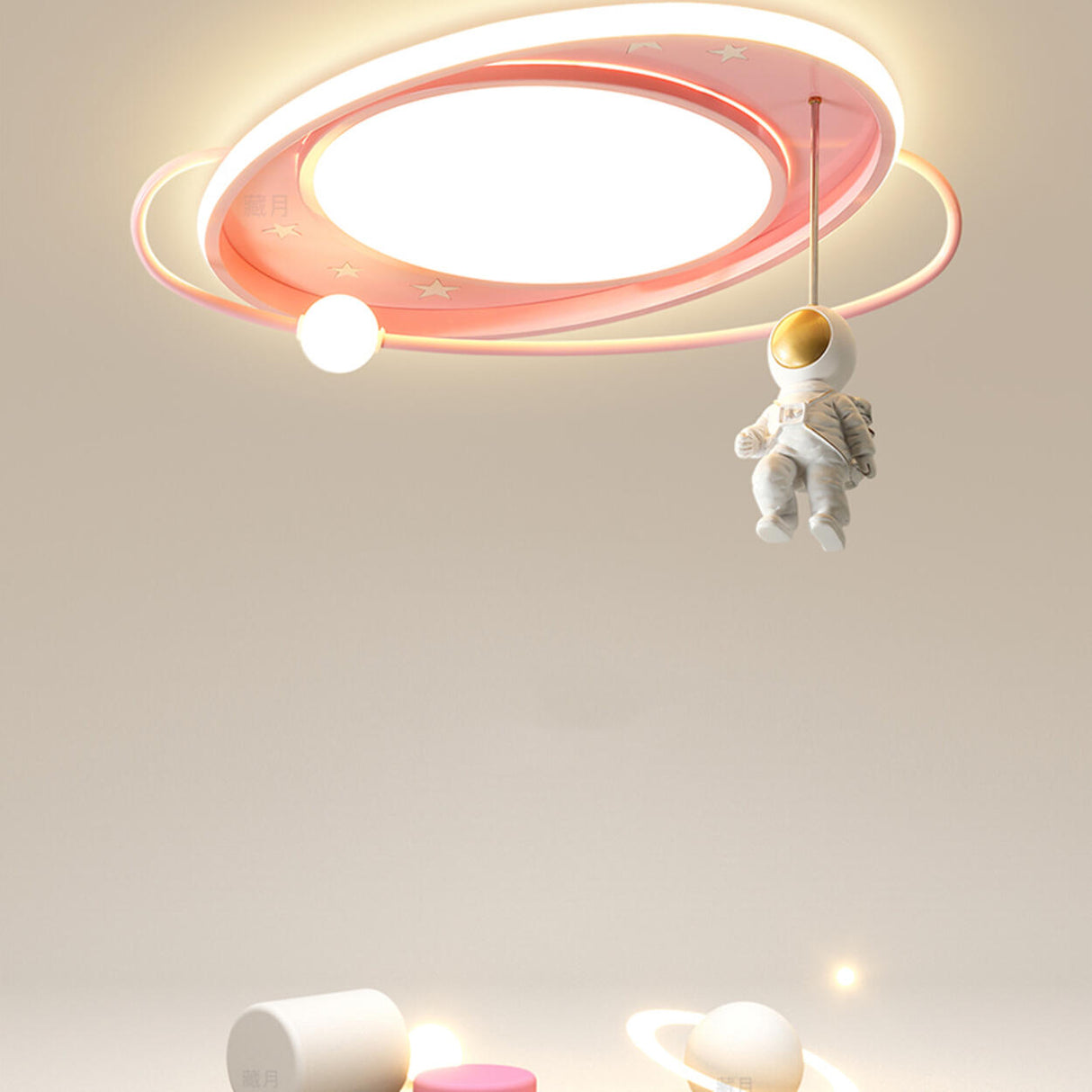 Kids Astronaut Pink Circle Flush Mount Ceiling Light Image - 1