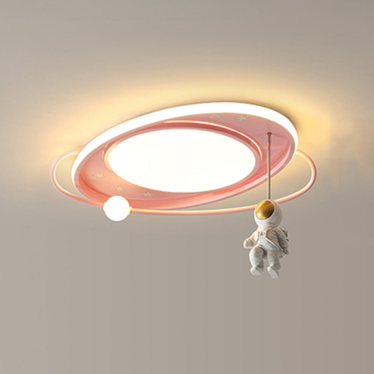 Kids Astronaut Pink Circle Flush Mount Ceiling Light Image - 2