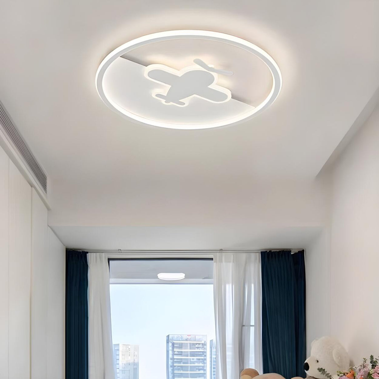 Kids Bedroom Airplane White Round Flush Mount Light Image - 11