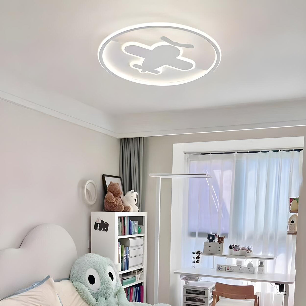 Kids Bedroom Airplane White Round Flush Mount Light Image - 3