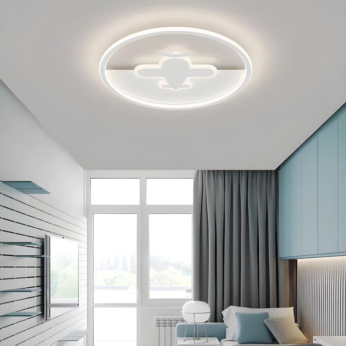 Kids Bedroom Airplane White Round Flush Mount Light Image - 4