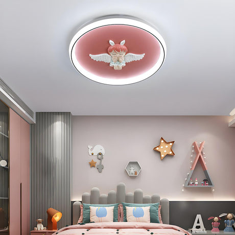 Kids Bedroom Angel Pink Round Flush Mount Ceiling Light Image - 1