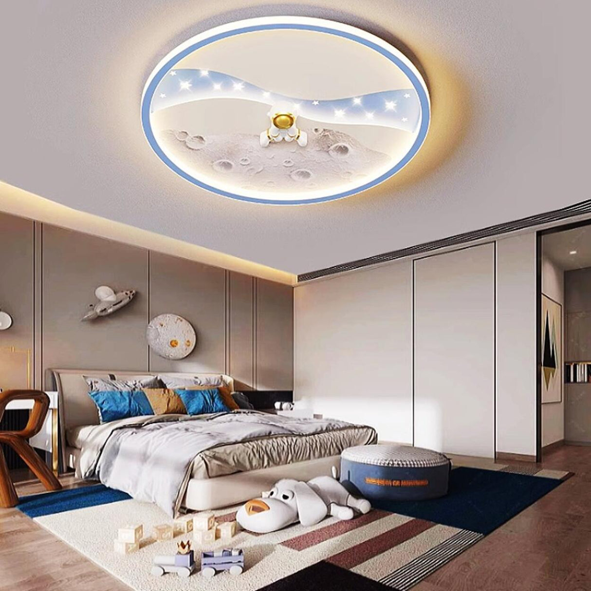 Kids Bedroom Astronaut White Round Flush Mount Light Image - 2