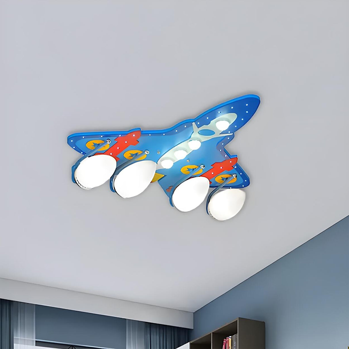 Kids Bedroom Blue Airplane Flush Mount Light 4-Light Image - 2