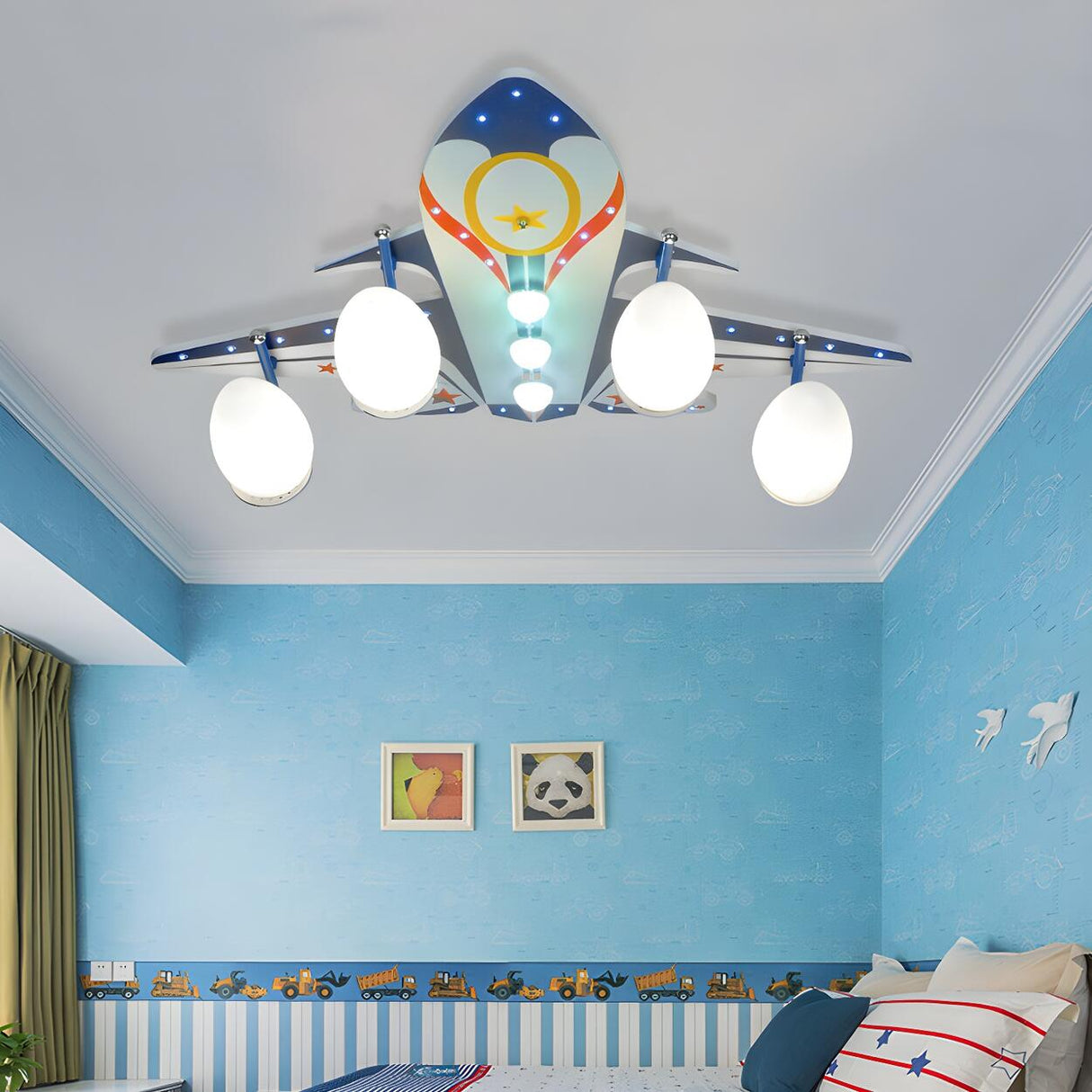 Kids Bedroom Blue Airplane Flush Mount Light 4-Light Image - 5