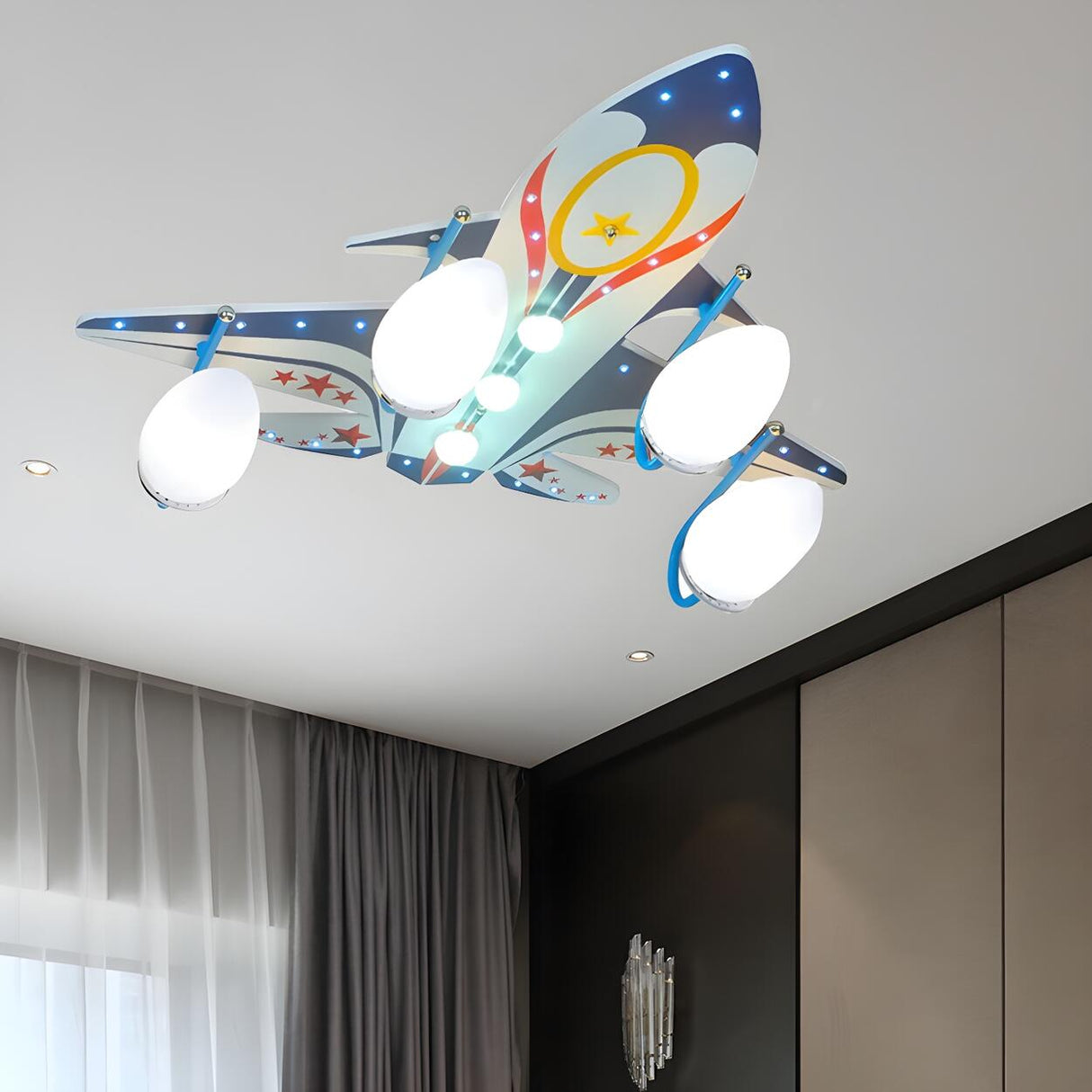 Kids Bedroom Blue Airplane Flush Mount Light 4-Light Image - 6