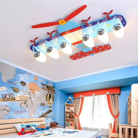 Kids Bedroom Blue Propeller Plane Flush Mount Light Image - 1