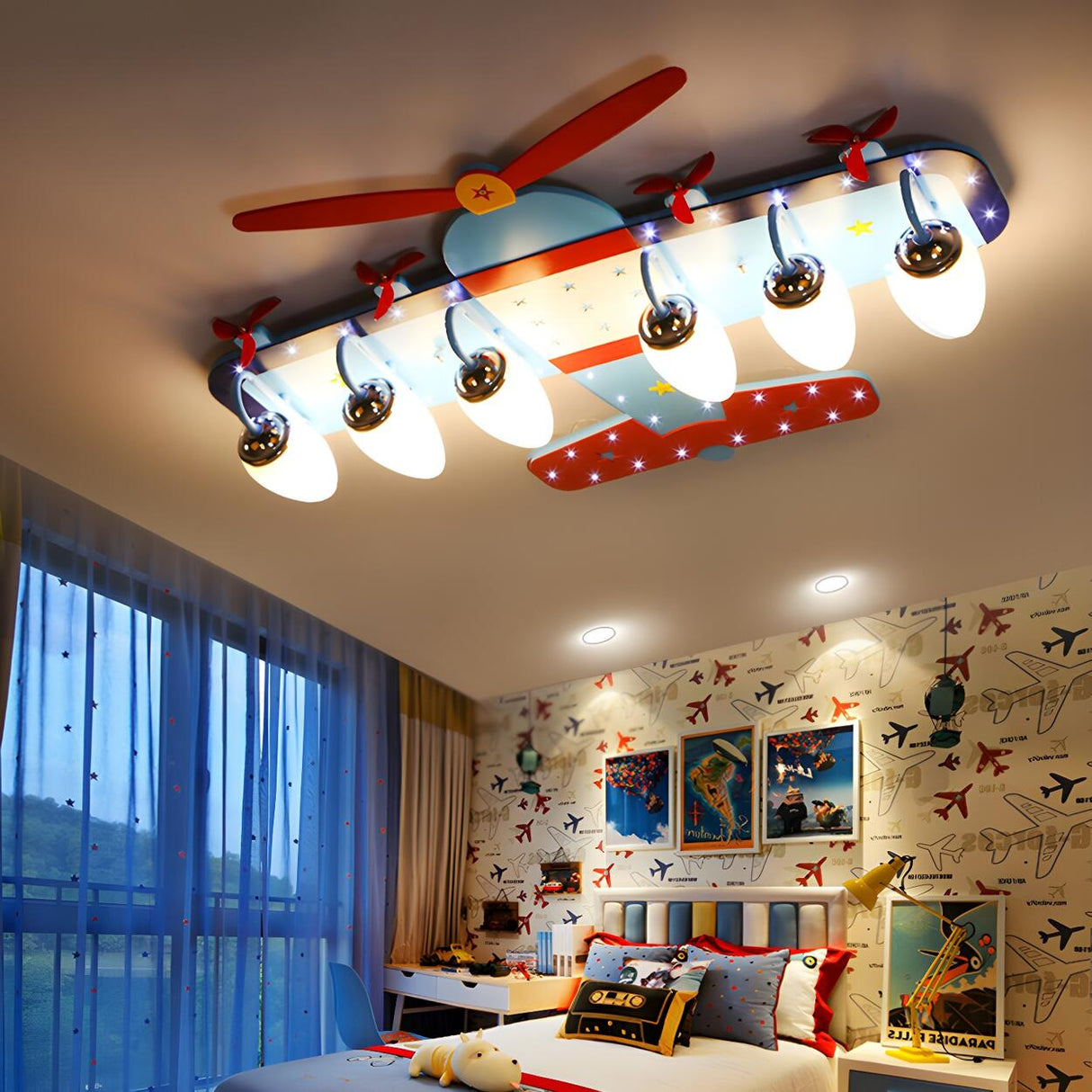 Kids Bedroom Blue Propeller Plane Flush Mount Light Image - 2