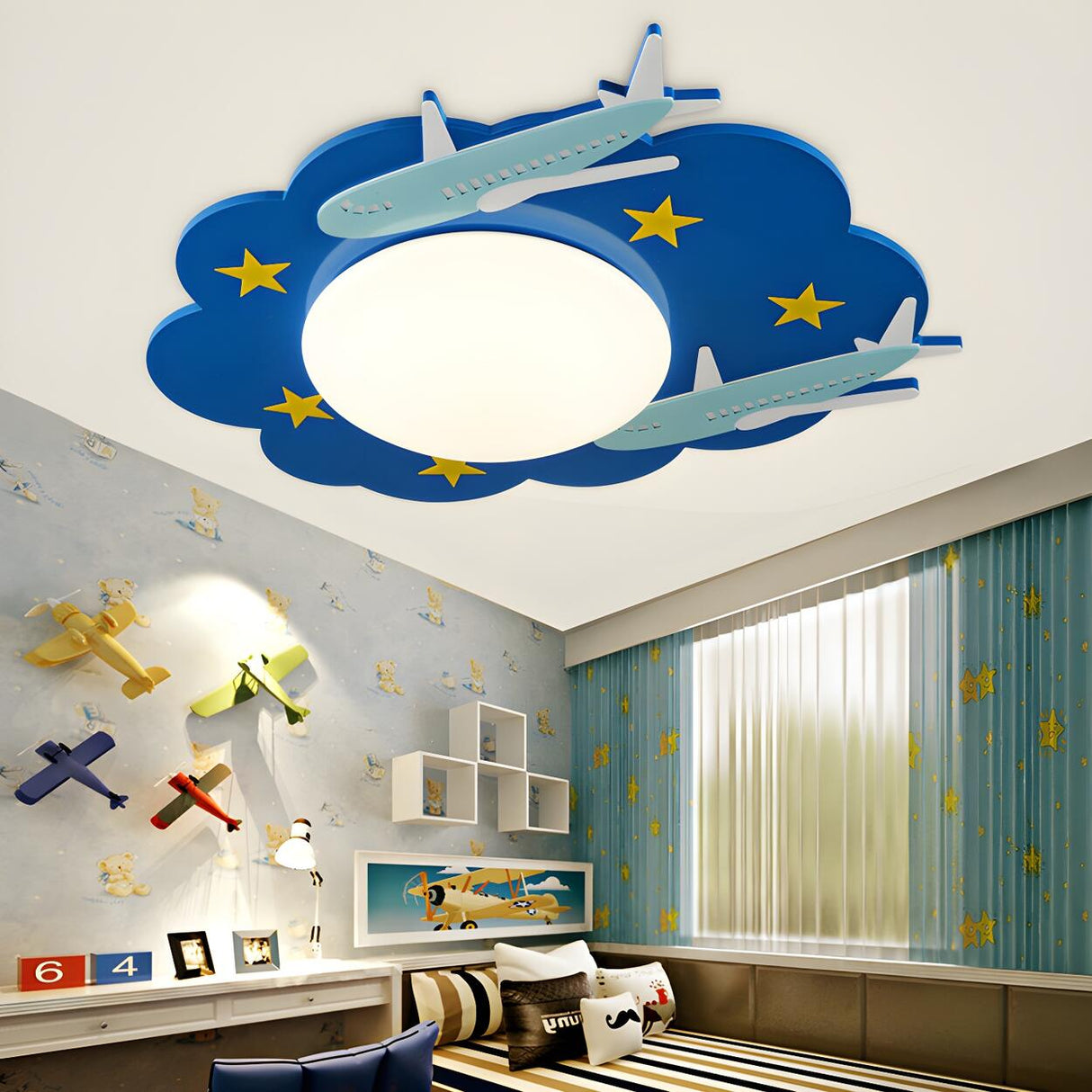 Kids Bedroom Blue Sky Airplane Flush Mount Ceiling Lamp Image - 2