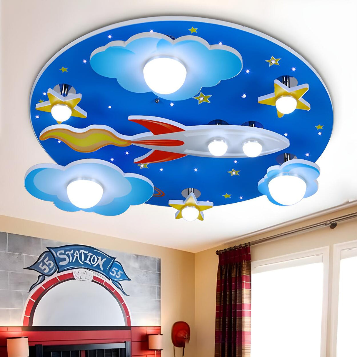 Kids Bedroom Blue Sky Airplane Flush Mount Ceiling Lamp Image - 8