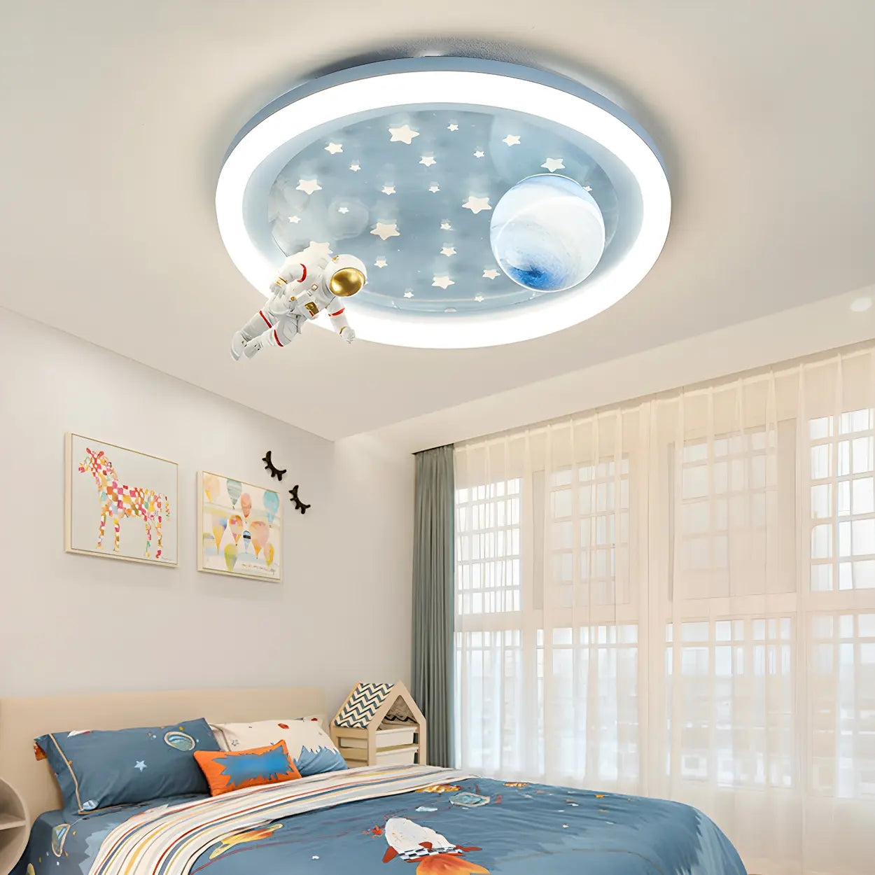 Kids Bedroom Blue Space-Themed Round Flush Mount Light Image - 1