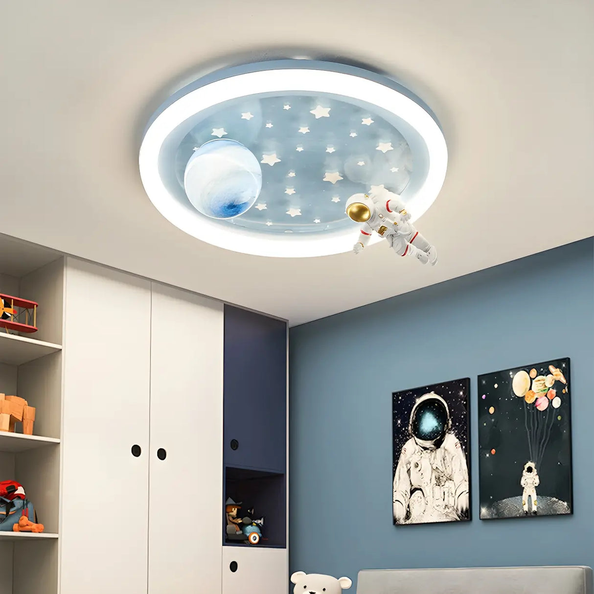 Kids Bedroom Blue Space-Themed Round Flush Mount Light Image - 3