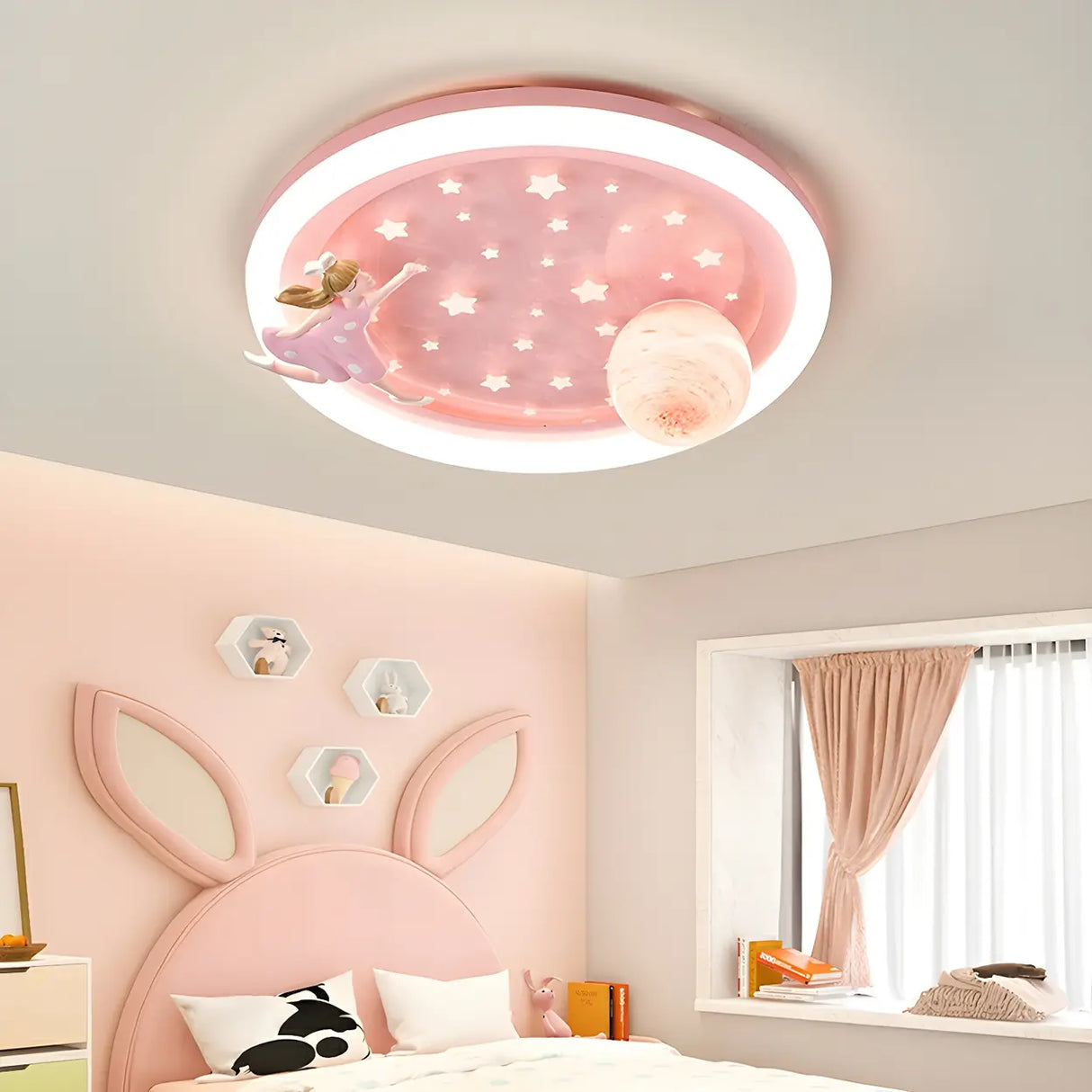 Kids Bedroom Blue Space-Themed Round Flush Mount Light Image - 4