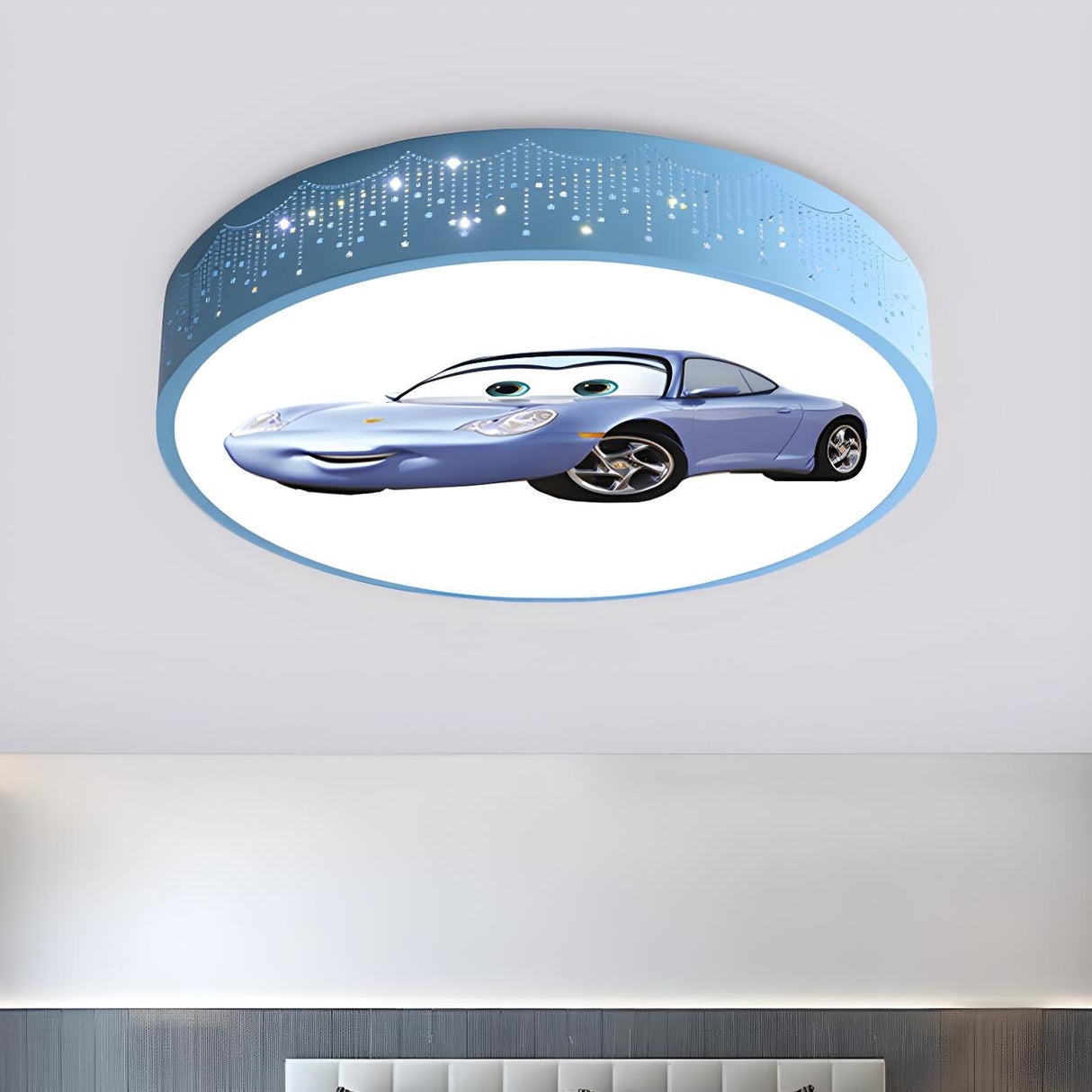 Kids Bedroom Cartoon Car Blue Drum LED Flush Mount Lamp Image - 13