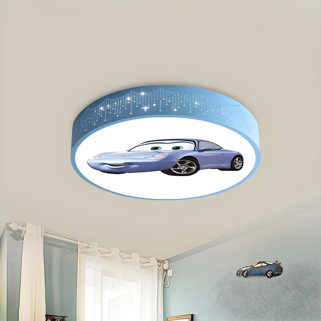 Kids Bedroom Cartoon Car Blue Drum LED Flush Mount Lamp Image - 14