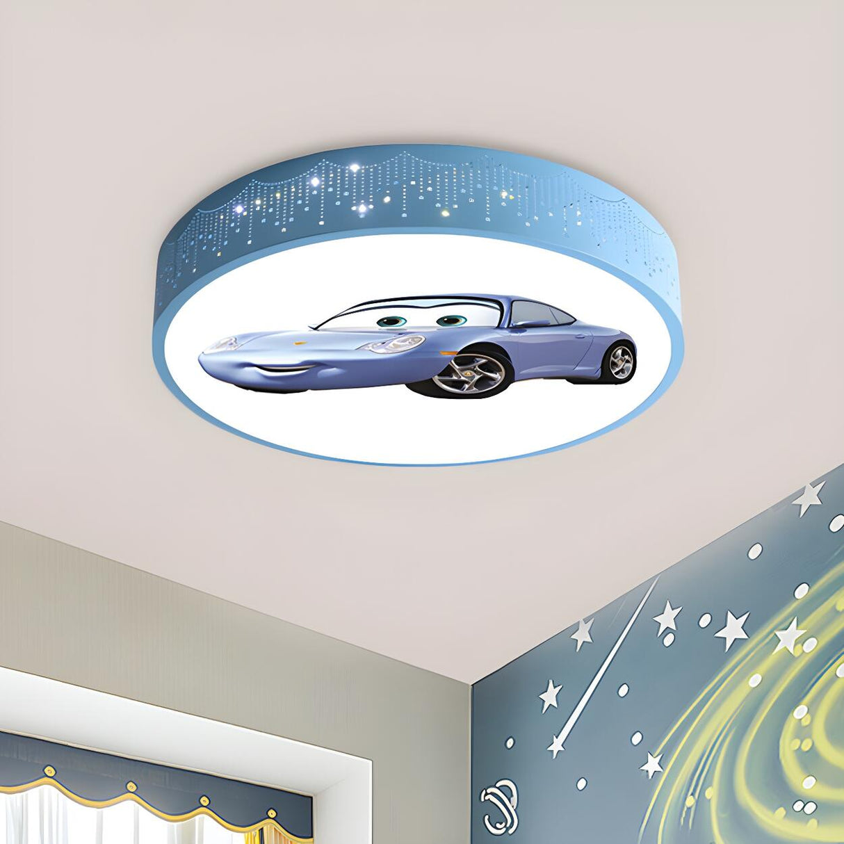 Kids Bedroom Cartoon Car Blue Drum LED Flush Mount Lamp Image - 15