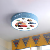 Kids Bedroom Cartoon Car Blue Drum LED Flush Mount Lamp Image - 2