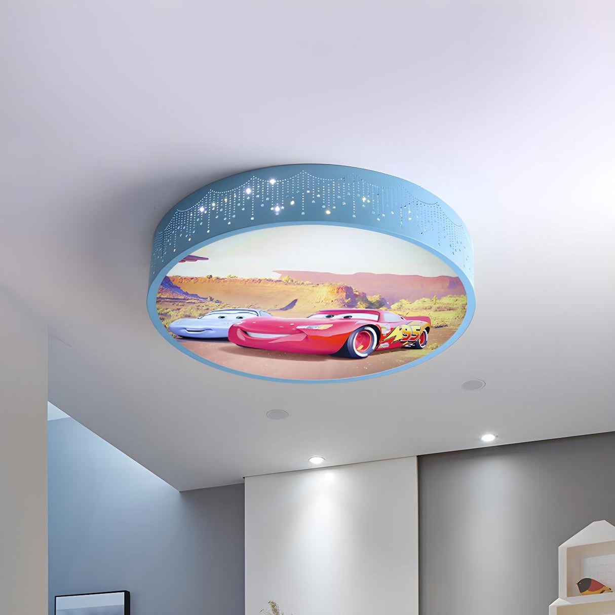 Kids Bedroom Cartoon Car Blue Drum LED Flush Mount Lamp Image - 6