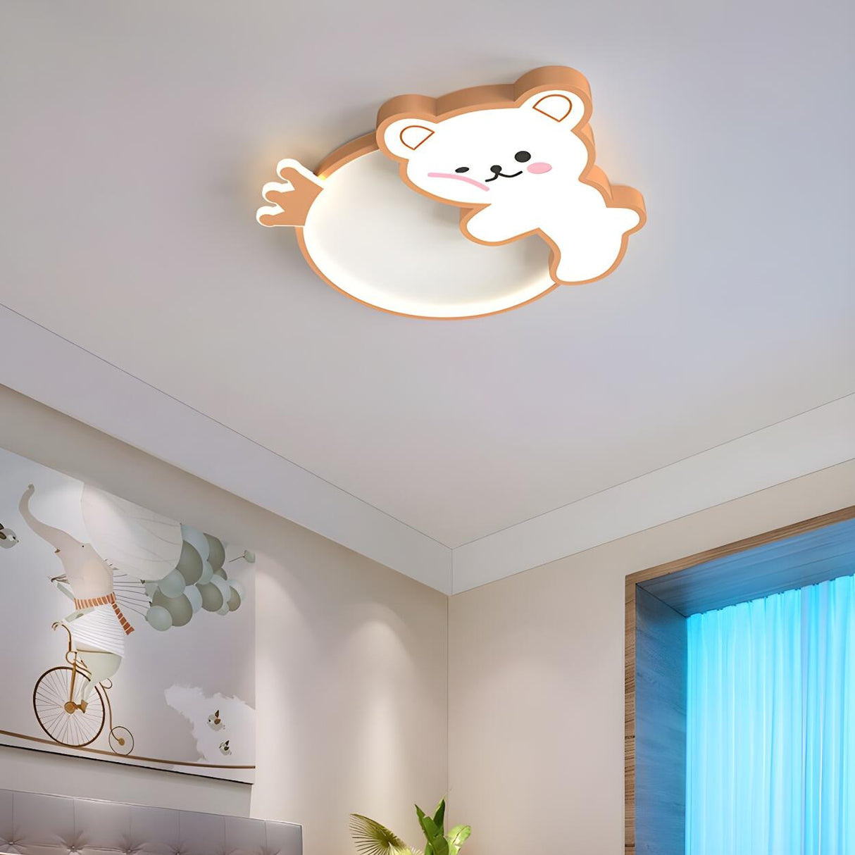 Kids Bedroom Cute Brown Bear Round Flush Mount Light Image - 3