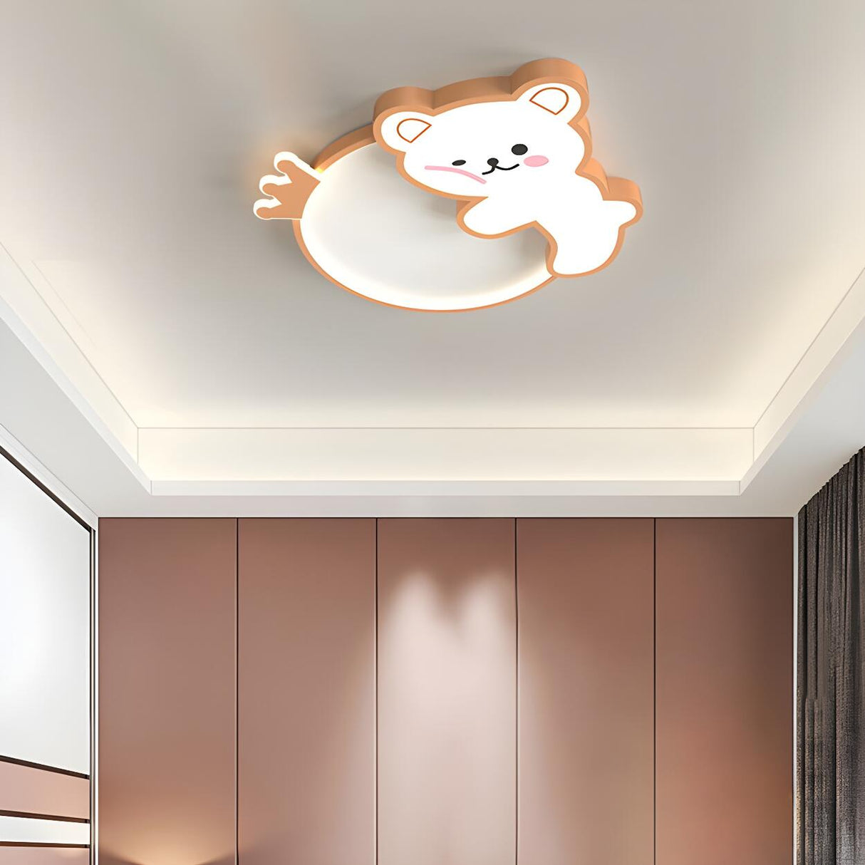 Kids Bedroom Cute Brown Bear Round Flush Mount Light Image - 4