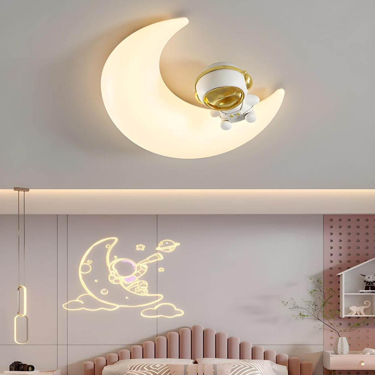 Kids Bedroom Moon Astronaut Resin Flush Mount Light Image - 4