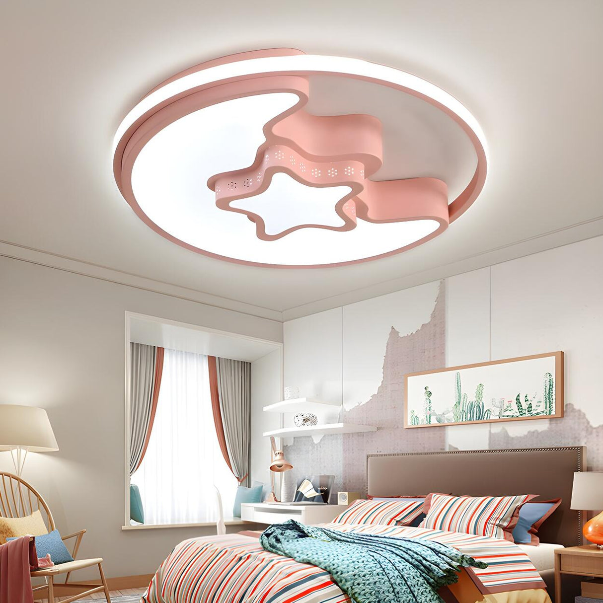 Kids Bedroom Pink Moon Star Circle Flush Mount Light Image - 1