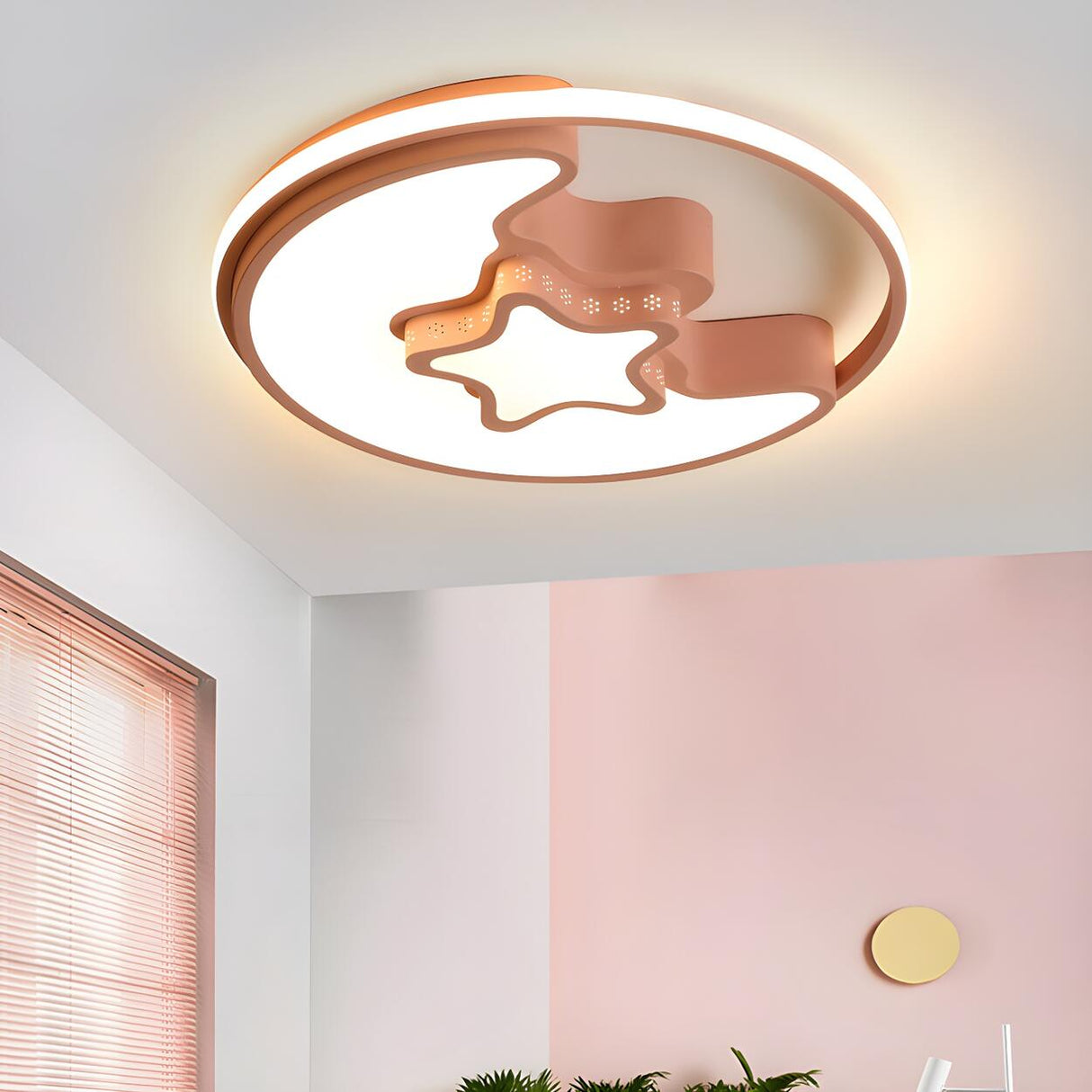 Kids Bedroom Pink Moon Star Circle Flush Mount Light Image - 6