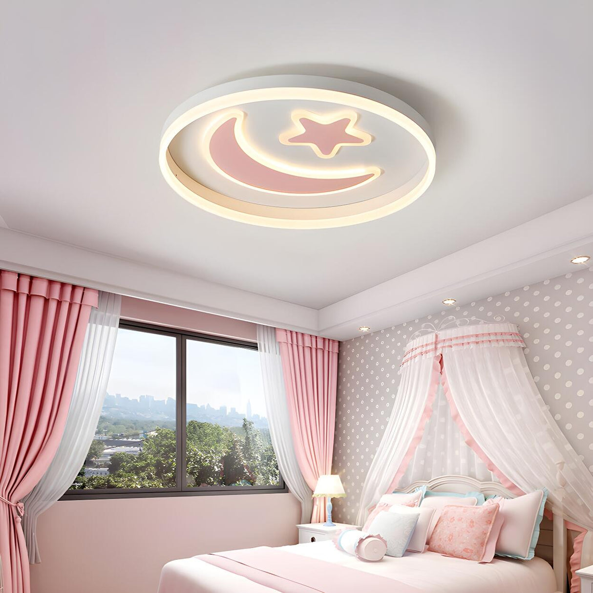 Kids Bedroom Pink Moon Star Small LED Flush Mount Light Image - 1