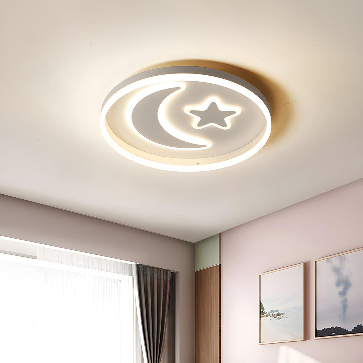 Kids Bedroom Pink Moon Star Small LED Flush Mount Light Image - 11