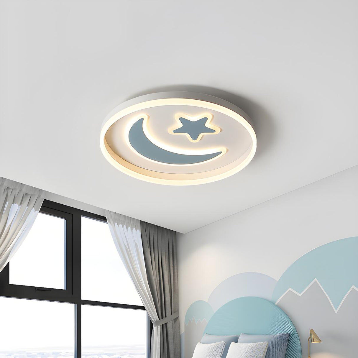 Kids Bedroom Pink Moon Star Small LED Flush Mount Light Image - 6