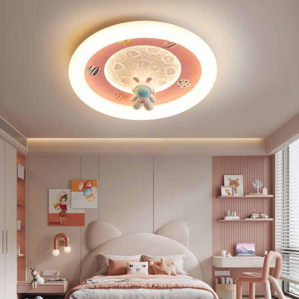 Kids Bedroom Pink Space Round Flush Mount Ceiling Light Image - 2