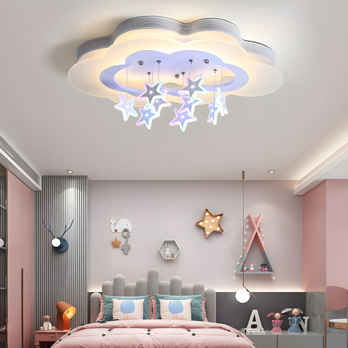 Kids Bedroom Purple Cloud Stars LED Flush Mount Light Image - 1