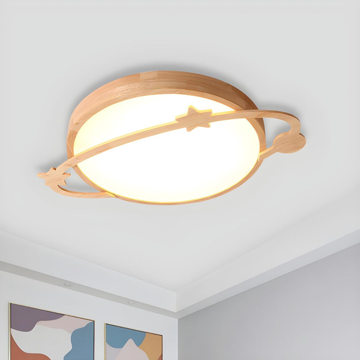 Kids Bedroom Wood Planet LED Flush Mount Ceiling Light Image - 1