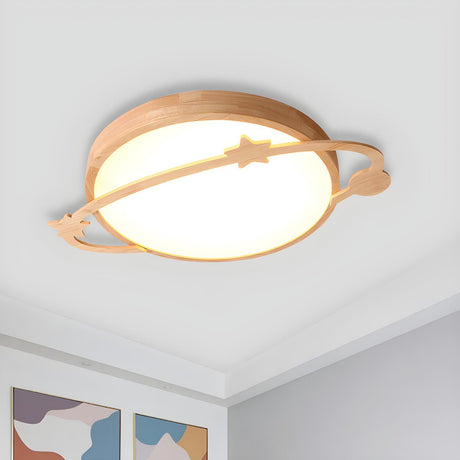 Kids Bedroom Wood Planet LED Flush Mount Ceiling Light Image - 1