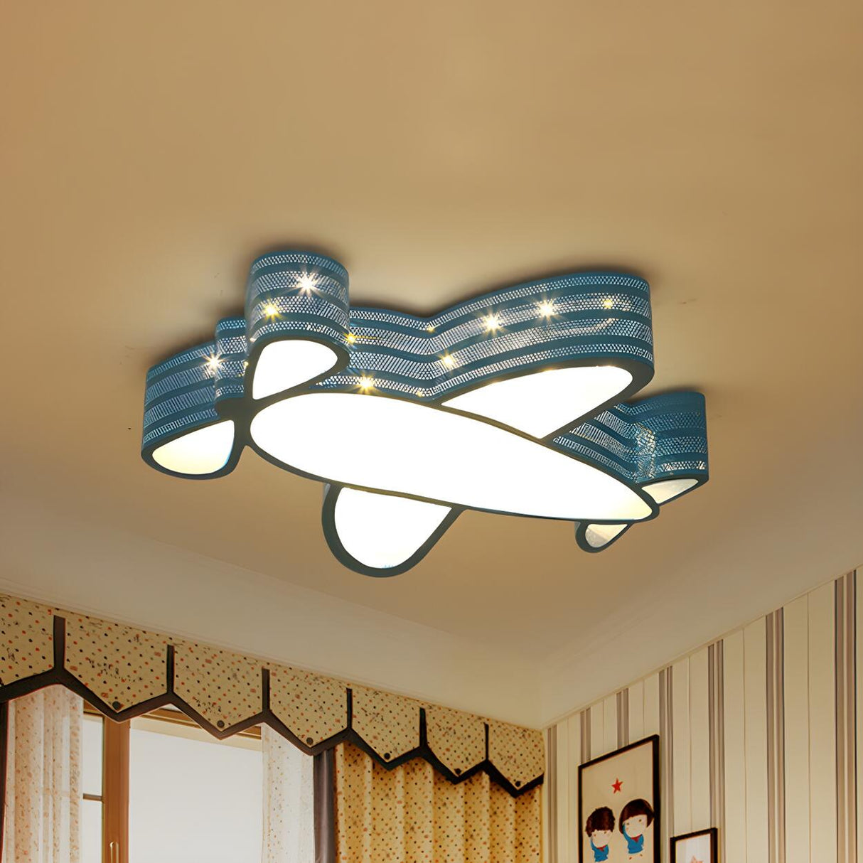 Kids Cartoon Blue Airplane LED Flush Mount Ceiling Lamp Image - 3