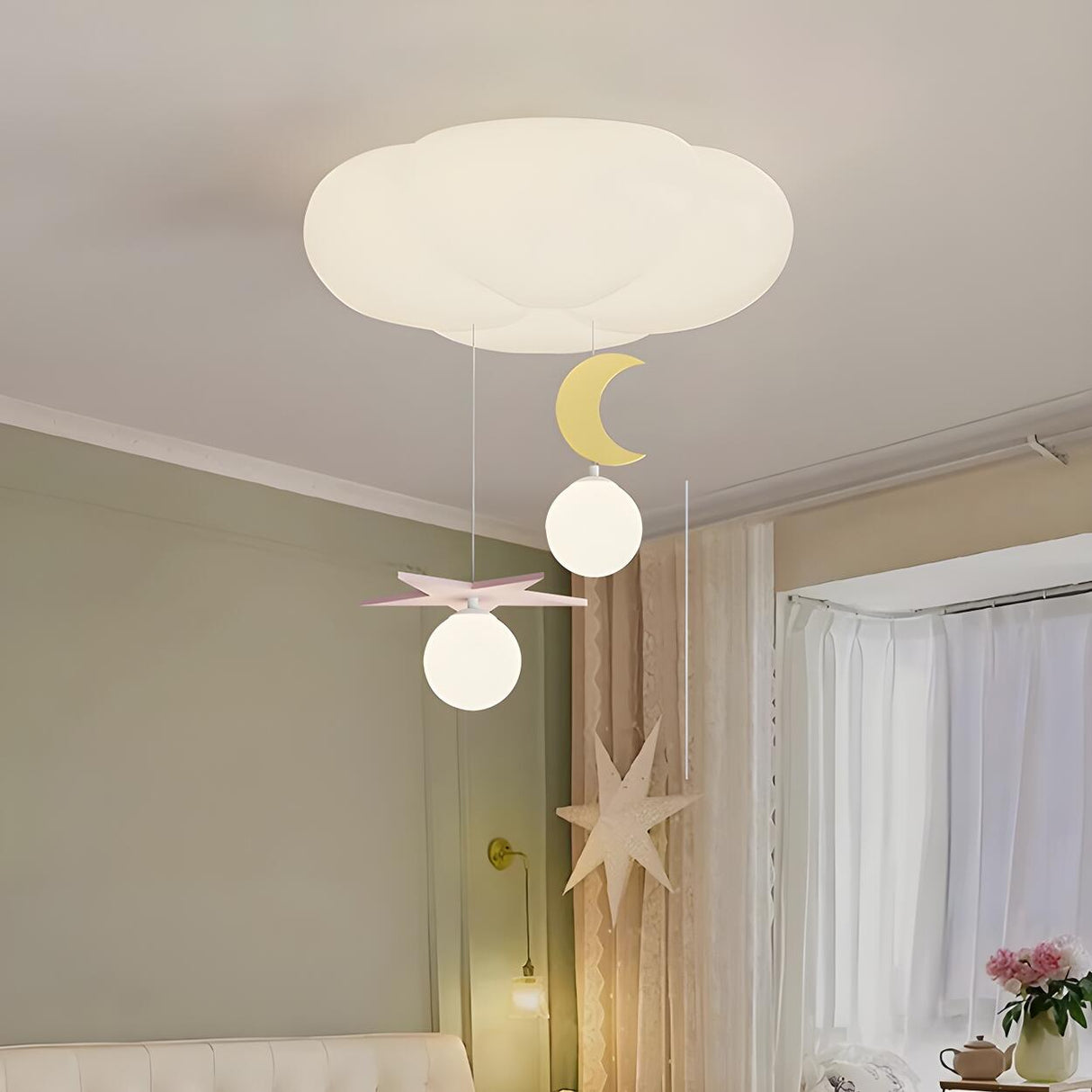 Kids Cloud Moon Star White Globe Semi-Flush Mount Light Image - 4