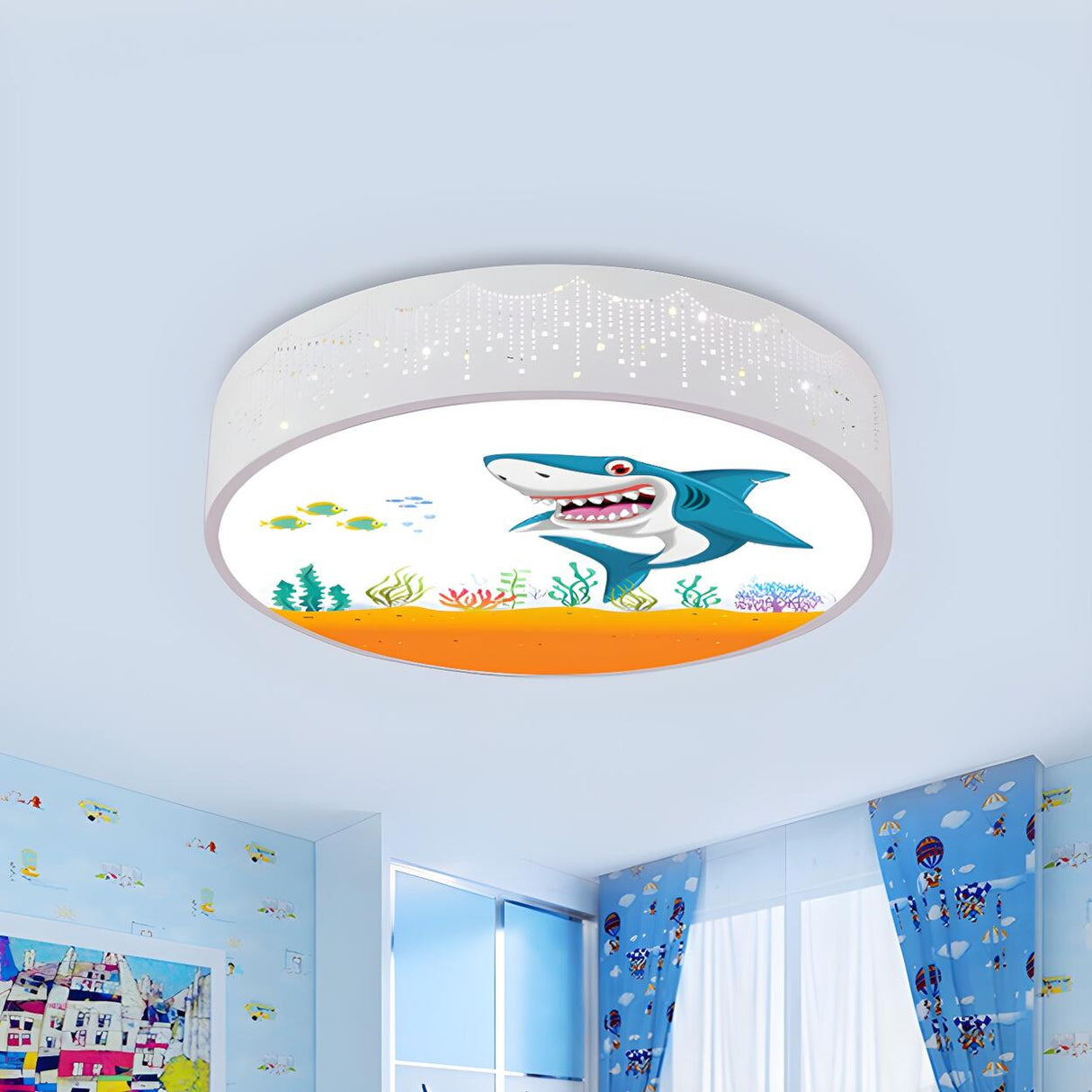 Kids Dolphin Blue Drum LED Flush Mount Ceiling Light Image - 11