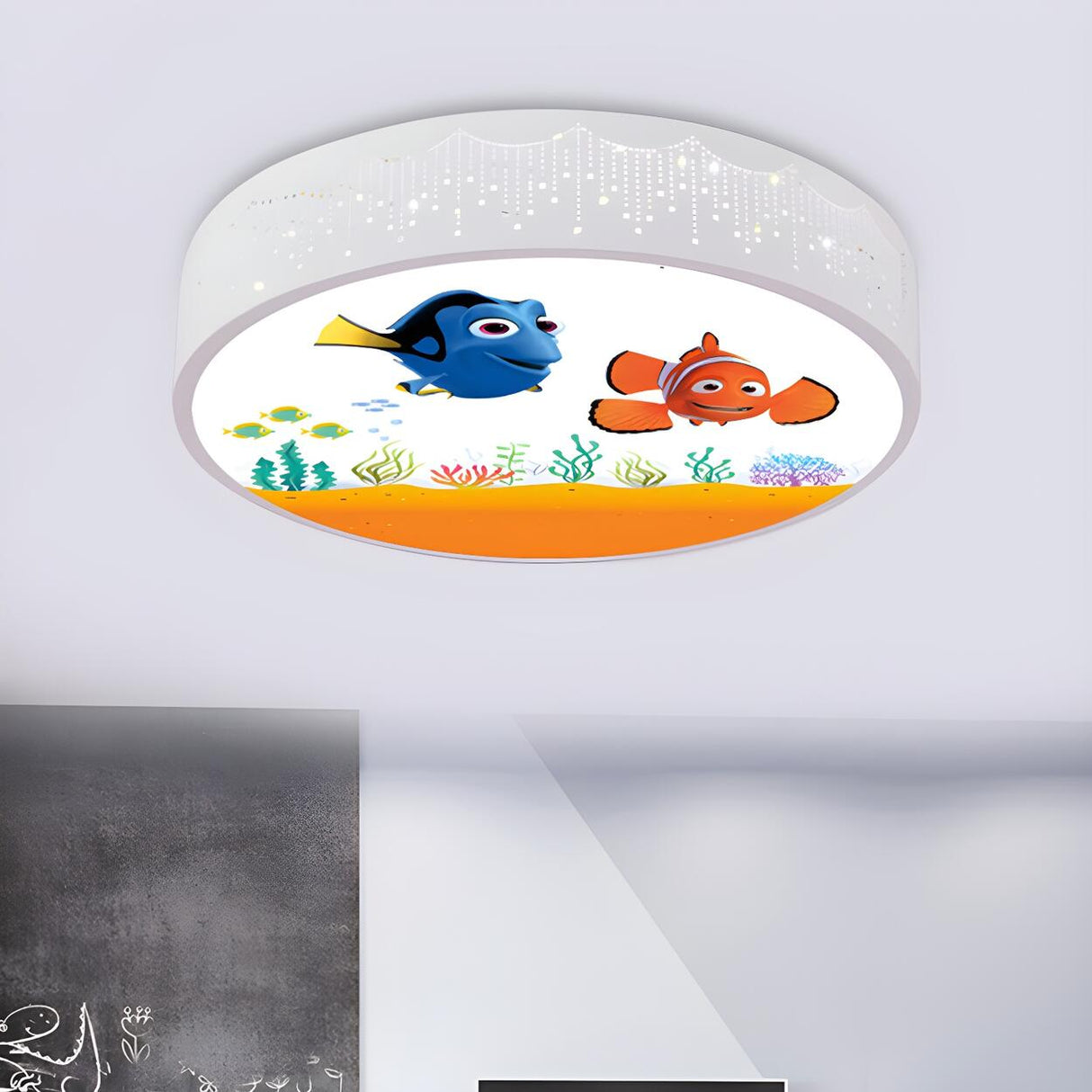 Kids Dolphin Blue Drum LED Flush Mount Ceiling Light Image - 13