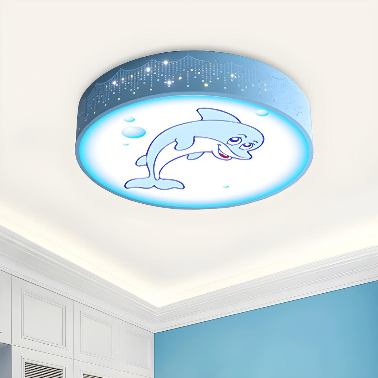 Kids Dolphin Blue Drum LED Flush Mount Ceiling Light Image - 5