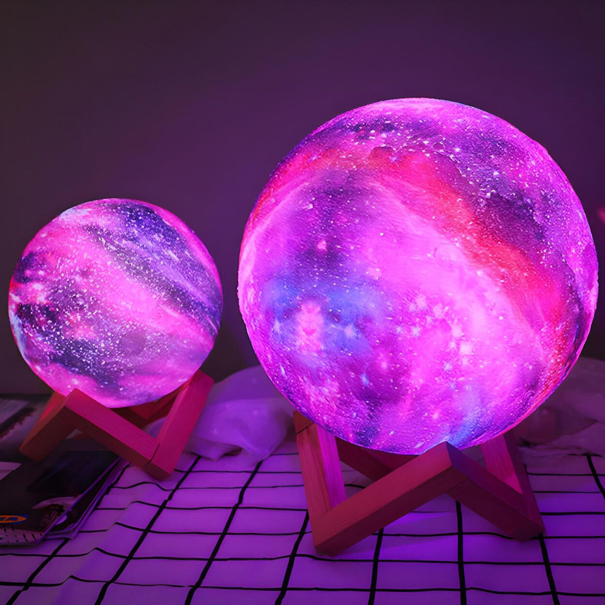 Kids Elegant Purple Galaxy Wood Base Moon Table Lamp Image - 1