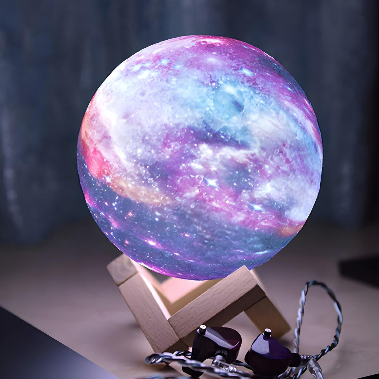 Kids Elegant Purple Galaxy Wood Base Moon Table Lamp Image - 3