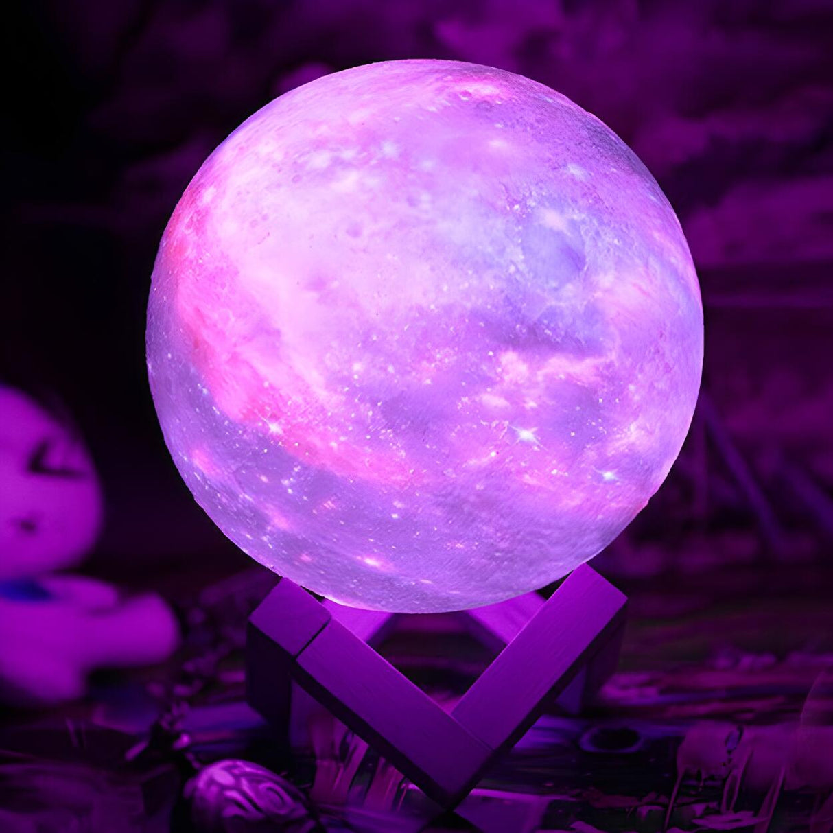 Kids Elegant Purple Galaxy Wood Base Moon Table Lamp Image - 5