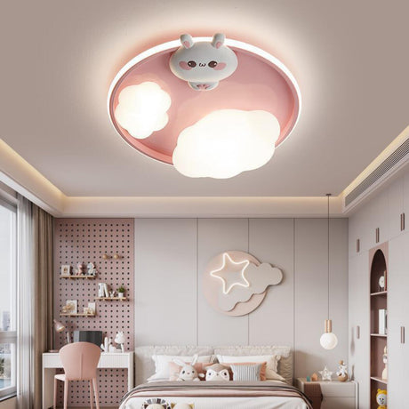 Kids Lovely Bunny Cloud Pink Round Flush Mount Light Image - 1