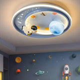 Kids Playful Astronaut Space Round LED Flush Mount Lamp Image - 1