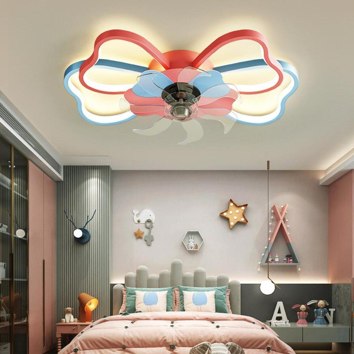 Kids Room 3 Blade Bow Fun Pattern Ceiling Fan Light Image - 1