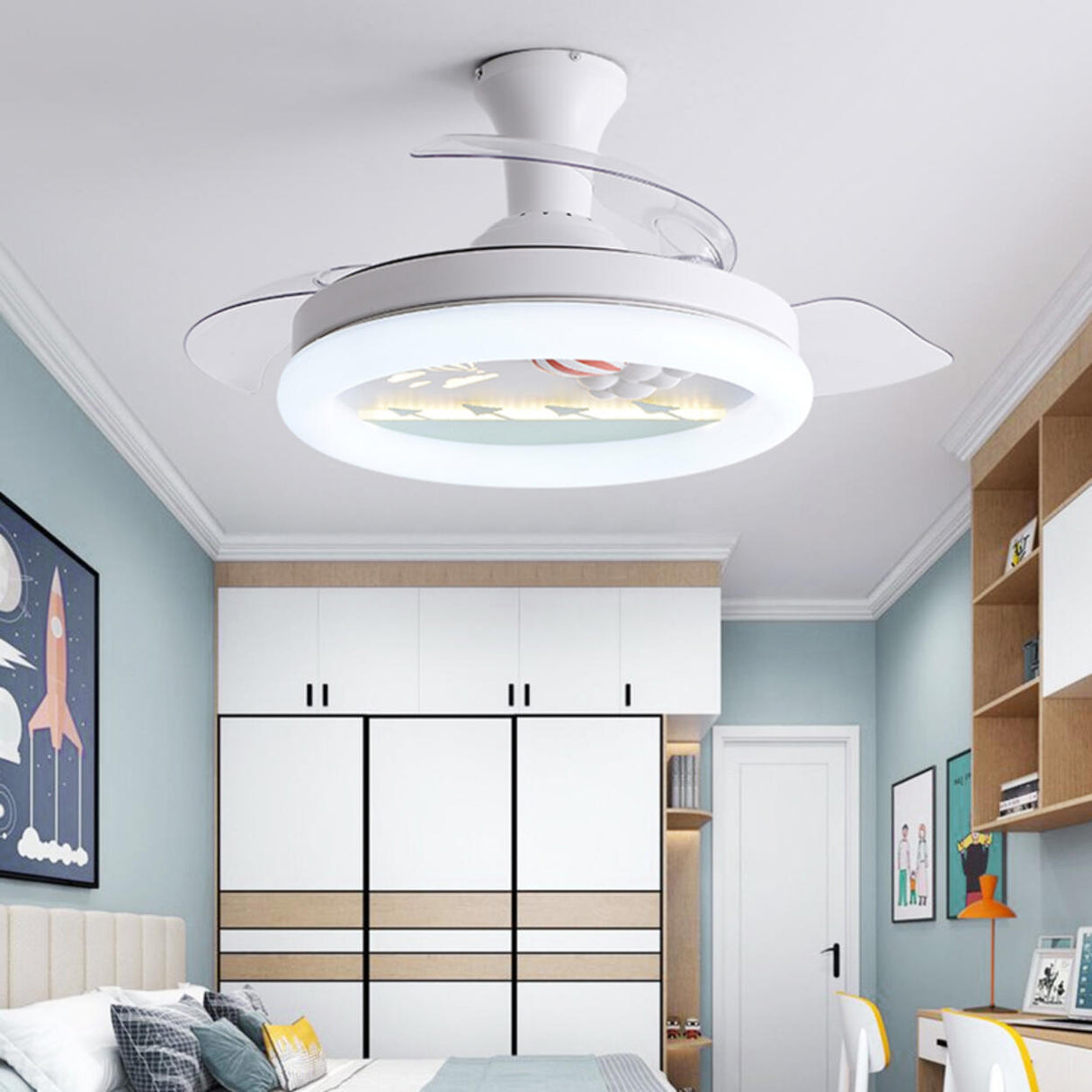 Kids Room 3 Blades White Round Ceiling Fan with Light Image - 5