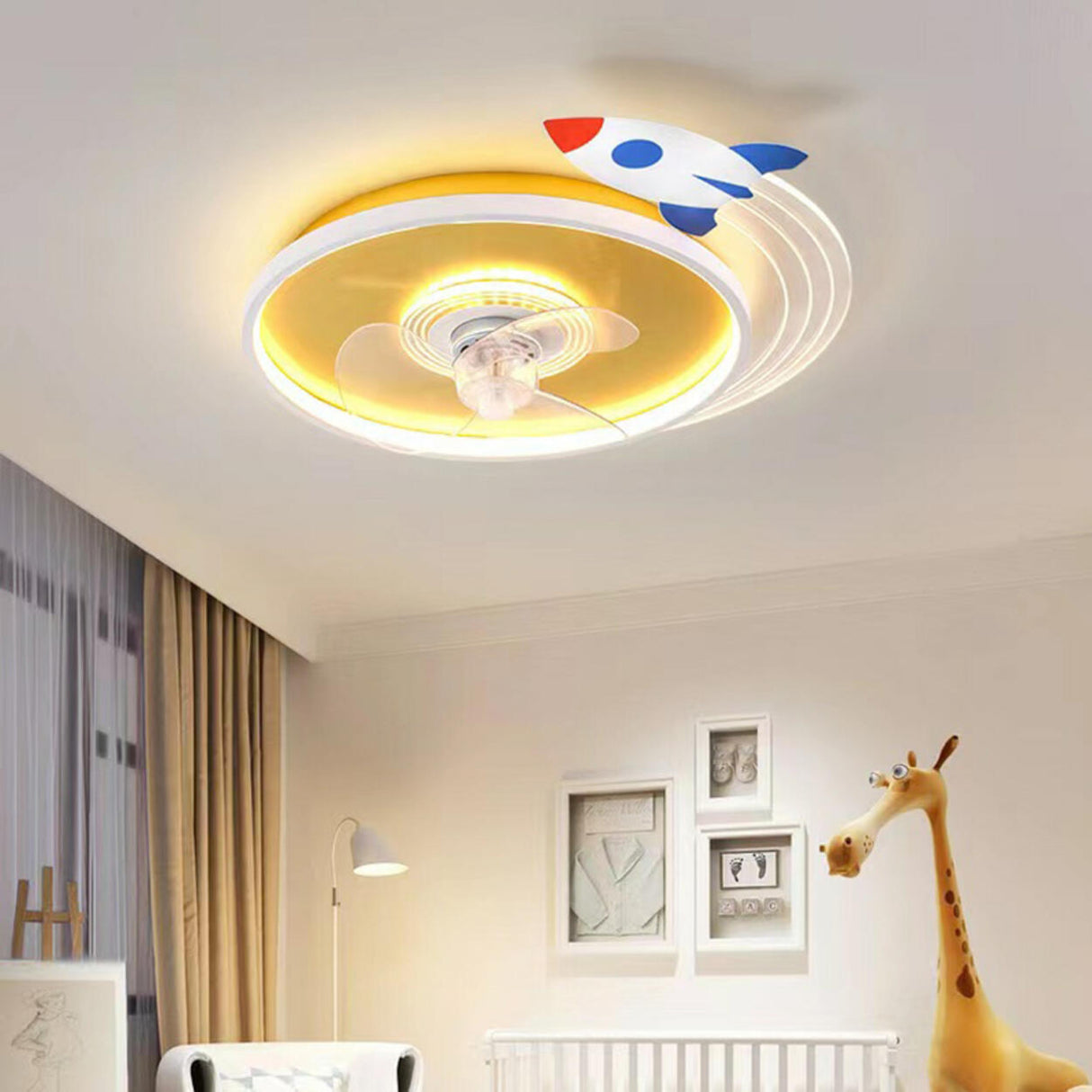 Kids Room 3 Clear Blades Rocket Theme Ceiling Fan Light Image - 1