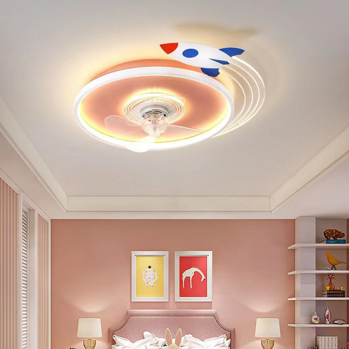 Kids Room 3 Clear Blades Rocket Theme Ceiling Fan Light Image - 2